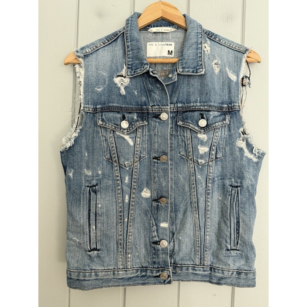 Rag & Bone/JEAN Distressed Denim Vest M Medium Tattered Pockets Collar